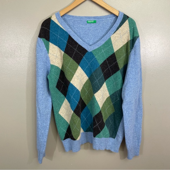 Benetton Argyle V neck sweater women’s size Large Made in Syria blue green - Picture 1 of 9